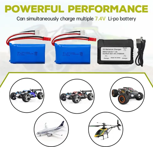 Vista 2 de sea jump 2 unids 7.4 V 1100 mAh batería de litio+2 en 1 cargador convertidor para WLtoys A949 A959 A969 A979 S989 V912 T23 T55 F45 A320 A321 RC