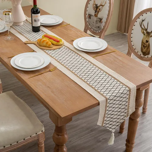 Vista 3 de Camino de mesa, estilo bohemio con borlas, algodón y lino, decoración del hogar de estilo granja para sala de estar, cubrecómodas