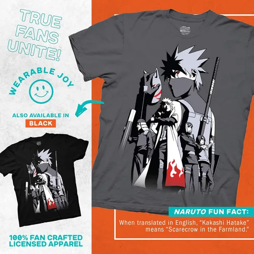 Vista 3 de Ripple Junction Naruto Shippuden - Camiseta de manga corta para hombre, Kakashi Hatake Story Anbu Hokage Cloak Crew con licencia oficial, Negro