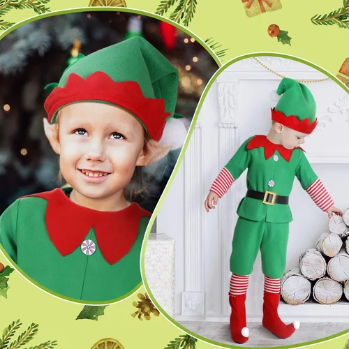 Vista 6 de Geyoga Disfraces de elfo de Navidad, lindos trajes que incluyen zapatos de elfo, sombrero y calcetines a rayas para niños y niños cosplay