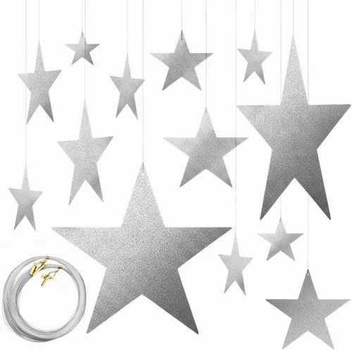 Vista 2 de Boao 24 piezas de adornos plateados con forma de estrellas de cartón plateado, 4 tamaños, 2.4 in/4.7 in/7.9 in/11.8 in, guirnaldas colgantes