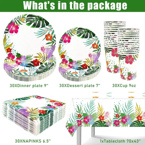 Vista 2 de 121 piezas de decoraciones hawaianas de Luau para fiesta, suministros de vajilla Aloha Tropical para fiesta, incluyendo platos, servilletas, tazas