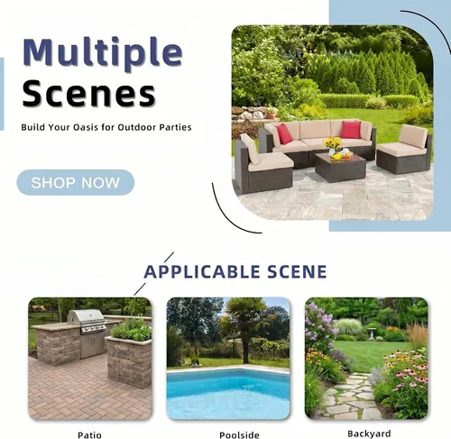Vista 6 de Vongrasig Juego de 6 muebles de patio pequeños, sofá modular de mimbre de polietileno para todo tipo de clima, sofá seccional para exteriores