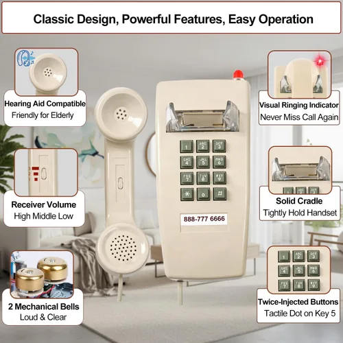 Vista 2 de HTMengt - Teléfono de pared tradicional con campana de metal, teléfono de pared clásico 2554 (compatible con audífonos), teléfono de pared retro