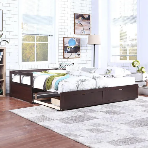 Vista 3 de MERITLINE Sofá cama con nido y dos cajones, sofá cama extensible para dormitorio, sala de estar, espresso