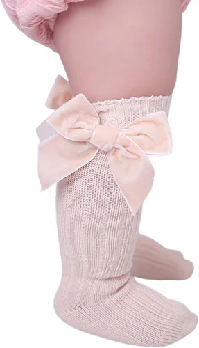 Vista 3 de Kayotuas Calcetines altos hasta la rodilla con lazos, calcetines de uniforme con volantes de tubo largo, calcetines de punto acanalado para bebés