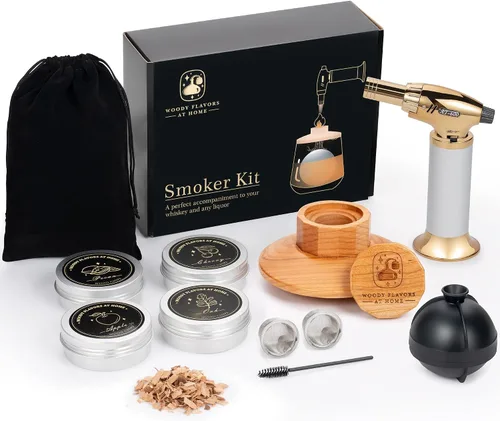 Vista 8 de Kit de ahumador de cócteles – Kit de camarero para ahumar bebidas con antorcha, moldes de hielo esfera, virutas de madera aromática – Kit