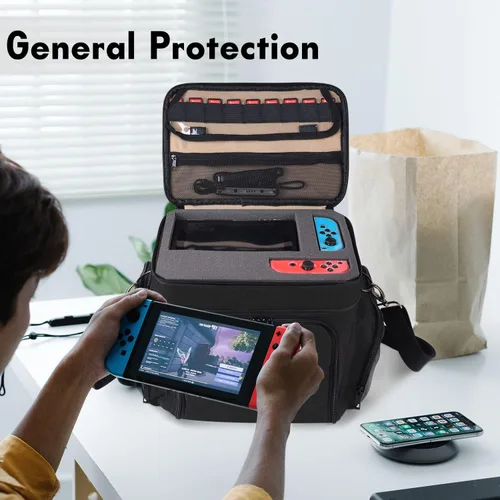 Vista 8 de Funda portátil para Nintendo Switch, bolsa de almacenamiento grande compatible con Nintendo SwitchSwitch OLEDSwitch Lite, funda rígida de forro