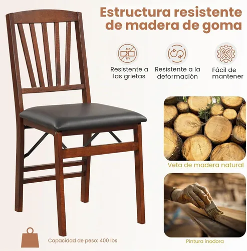 Vista 5 de COSTWAY Juego de 2 sillas de comedor plegables de madera maciza con asiento Marrón y listón