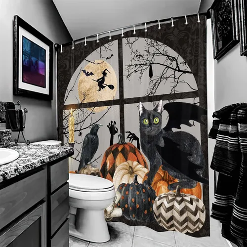 Vista 3 de Cortina de ducha de Halloween, espeluznante calabaza negra, gato negro, juego de cortina de ducha de esqueleto gótico, calavera de terror