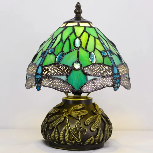 Vista 3 de Lámpara de mesa pequeña Tiffany W8H11 pulgadas Tiffany verde libélula estilo de la lámpara de vidrieras de bronce tipo hongo base de resina mini