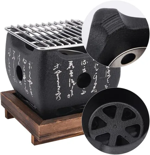 Vista 8 de Parrilla de barbacoa japonesa - Estufa de carbón portátil con placa de barbacoa y accesorios