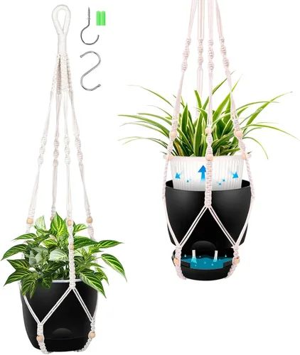 Vista 11 de Paquete de 2 macetas colgantes de riego automático de 7.2 pulgadas para plantas de interior y exterior, macetas colgantes de macramé de 34 pulgadas