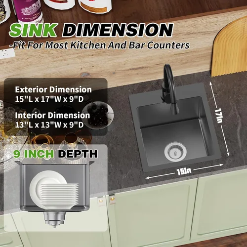 Vista 4 de Fregadero Negro de Cocina y Bar, Fregadero de Cocina de Acero Inoxidable de 15 x 17 Pulgadas para Empotrar, Fregadero de Bar Moderno de Un Solo