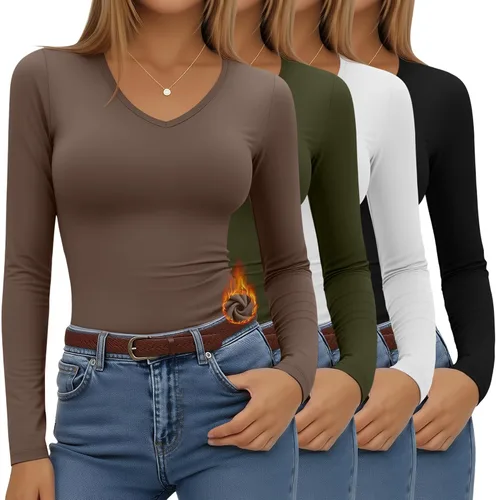 Vista 9 de Paquete de 4 camisas térmicas de manga larga para mujer, con forro polar, cuello en V, ropa interior ajustada, capa base, básica, tops cálidos