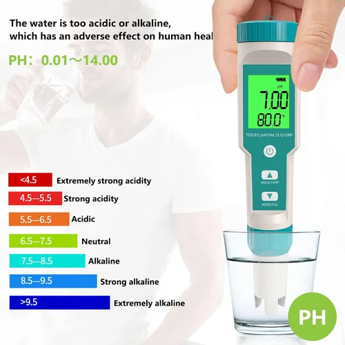 Vista 4 de Medidor de pH, 7 en 1 pH/TDS/EC/ORP/S.G/Medidor de salinidad/temperatura con medidor de pH ATC, medidor de agua de alta precisión de resolución