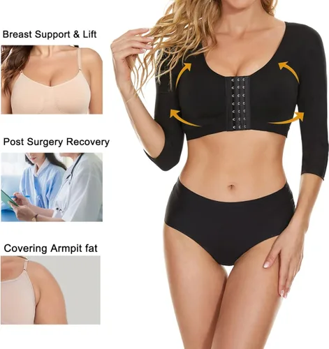 Vista 4 de Camisetas moldeadoras de brazos para mujer, mangas de compresión de brazos, cierre frontal, brasier moldeador de postura, camiseta sin mangas