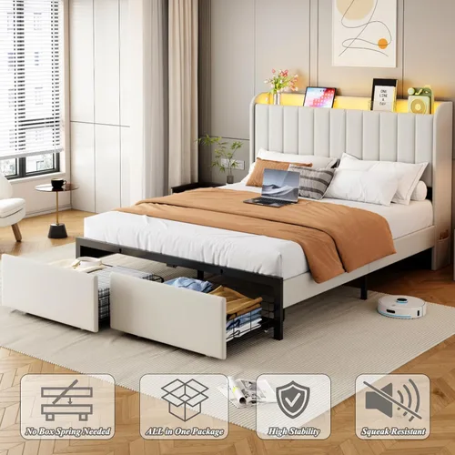 Vista 8 de Base de cama tamaño matrimonial con cabecera de almacenamiento y 2 cajones, base de cama tapizada con luces LED y práctica estación de carga, no Gris