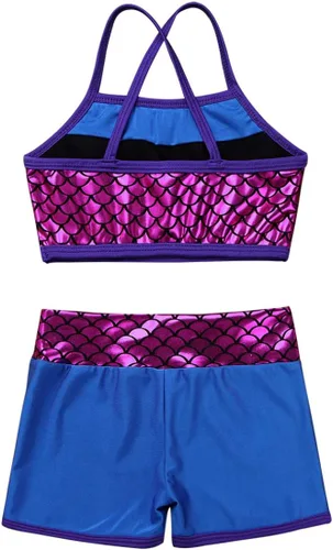 Vista 4 de Agoky Conjunto de 2 piezas de camiseta sin mangas de sirena con lentejuelas y pantalones cortos para niñas pequeñas y grandes, tankini traje de baño