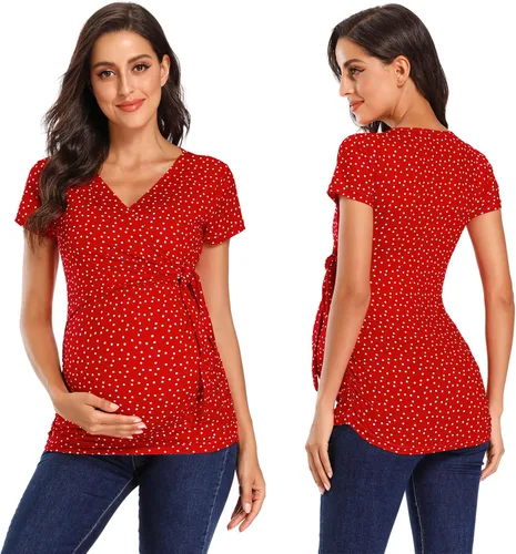 Vista 2 de Glampunch Camisas de maternidad para mujer, manga corta y larga, con lazo frontal, tops de maternidad