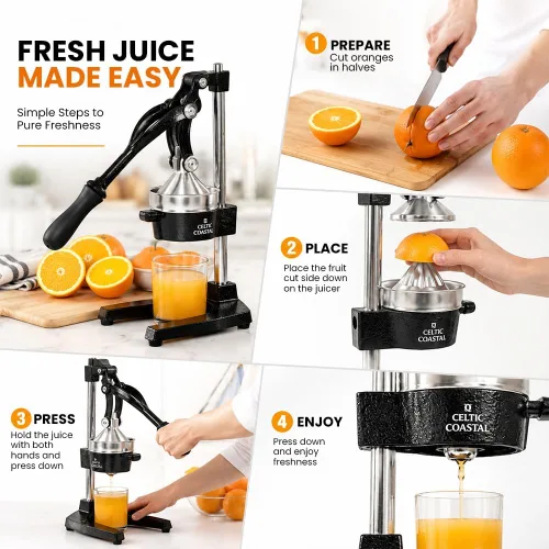 Vista 4 de Exprimidor de hierro fundido – Prensa manual de cítricos resistente Exprimidor de mano para naranja, limón, lima, pomelo y granada Prensa
