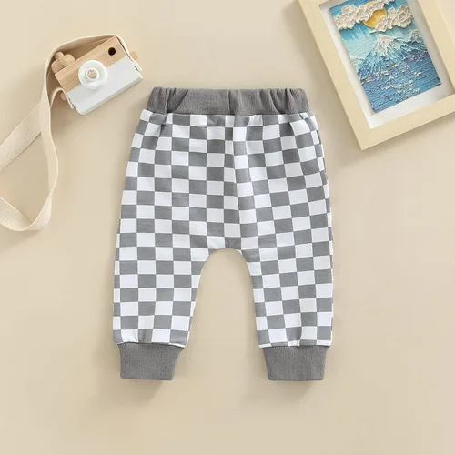 Vista 5 de lingsahng Pantalones de bebé para niño pequeño, cintura elástica, mezcla de algodón, pantalones deportivos holgados y largos, ropa de bebé, Cuadros