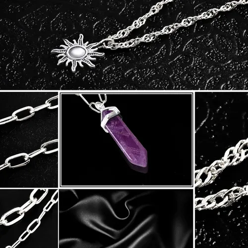 Vista 7 de MJartoria Collar de pentagrama de luna, collar de chakra de cristal, colgante, con dije, cadena de aleación multicapa, conjunto de gargantilla
