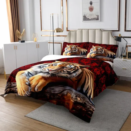 Vista 3 de Erosebridal Juego de colcha de tigre tamaño Queen, diseño romántico floral de safari con flores rojas para adultos, hombres, mujeres, niños y niñas