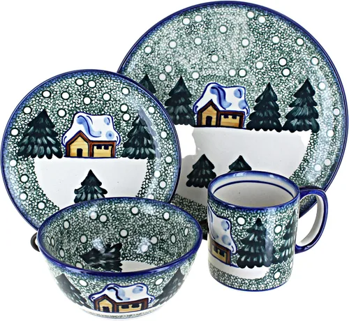 Vista 8 de Blue Rose Polish Pottery - Juego de vajilla de 16 piezas de piña marrón, 4 lugares, juego de vajilla de cerámica, regalo único de Navidad y vajilla