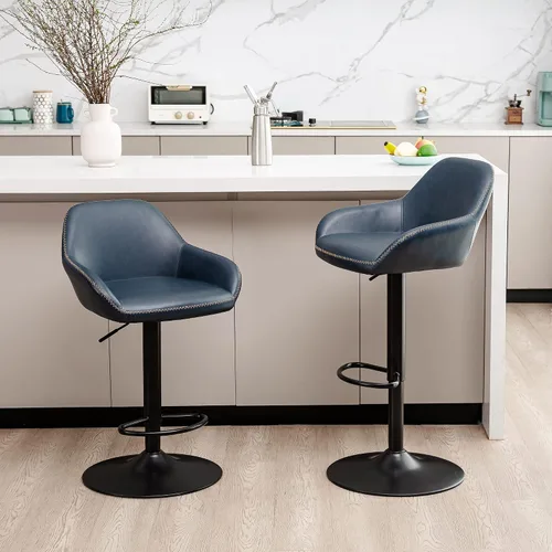 Vista 14 de Glitzhome Taburete de bar giratorio, taburetes de bar ajustables con soporte trasero y reposapiés, silla de bar tapizada de piel sintética