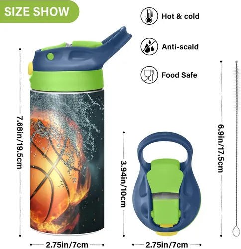 Vista 3 de Nander Botella de agua aislada para niños de 14 onzas, pelota de baloncesto, doble pared al vacío, acero inoxidable, boca ancha, botella de bebidas