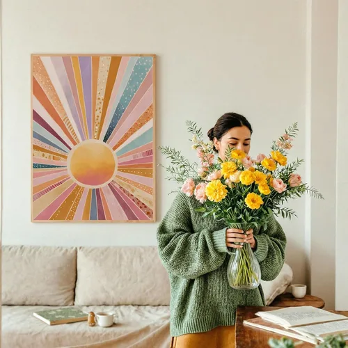 Vista 2 de Boho Rainbow Sun Wall Art, Retro Sunburst Poster Print with Pastel Colors, Modern Abstract Home Decor, Unframed (8x12)