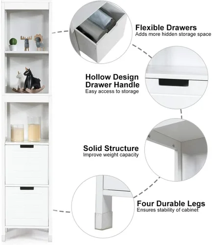 Vista 9 de Tangkula Gabinete de Almacenamiento Alto para Baño, Independiente de 57" de Alto Gabinete de Piso Delgado para Baño con Estantes Abiertos de 3