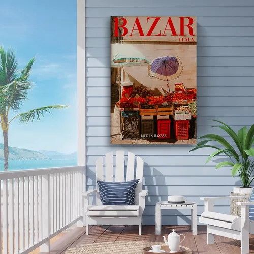 Vista 4 de Arte de pared de revista, impresión de pared de los años 70, arte de pared rojo, póster enmarcado de Bazaar Italia, arte psicodélico de verano