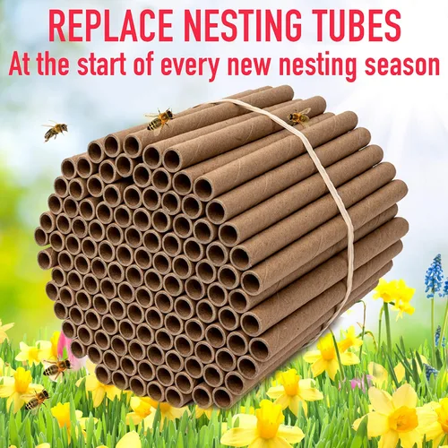Vista 5 de Rivajam Paquete de repuesto de 125 tubos nidos de cartón Mason Bee House Colmena de abejas solitarias y suministros Kit de inicio y regalo