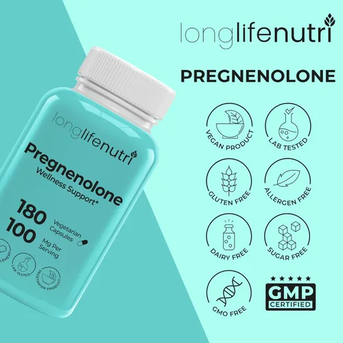 Vista 6 de Pregnenolone - Soporte para el cerebro y las hormonas - 180 cápsulas vegetales para mejorar la memoria, la concentración y la vitalidad - Fabricado