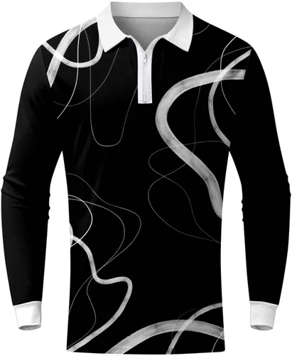 Vista 4 de Polos de golf para hombre, manga larga con cremallera de 14, polos de negocios, a la moda, suaves, cómodas, de algodón, de retazos
