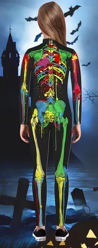 Vista 2 de TCHH - Disfraz de esqueleto de Halloween para niños y niñas, estampado 3D, talla 7 a 14 años