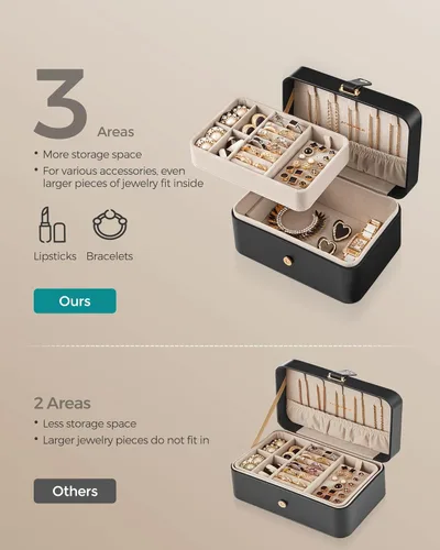 Vista 4 de SONGMICS Joyero de viaje, organizador de joyas de 2 capas, 4.3 x 6.3 x 3.1 pulgadas, portátil, versátil almacenamiento de aretes, para accesorios