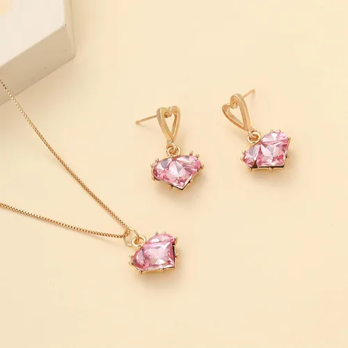 Vista 5 de Juego de 2 collares de corazón rosa, anillos de corazón para mujer, juego de collar rosa, aretes de collar rosa, collar de cadena de clavícula