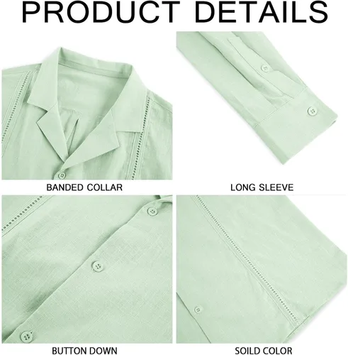Vista 3 de Camisas mexicanas de manga larga para hombre, camisas de lino de algodón con botones bordados para boda cubana