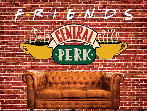 Vista 10 de Fondo de 6 x 4 pies para fiesta de amigos de Central Perk, pared de ladrillo rojo, retro, sofá de pub y café, fondo para fotografía de cumpleaños
