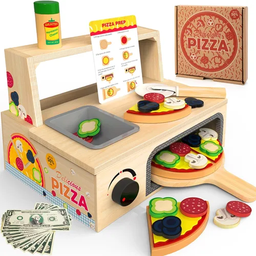 Vista 9 de WOODMAM Montessori - Juego de juguetes de pizza, comida realista con caja de horno, juguetes educativos de aprendizaje para niños en edad preescolar
