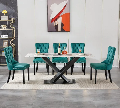 Vista 3 de Juego de mesa de comedor de mármol blanco de lujo para 6, 70 pulgadas, mesa de comedor de mármol blanco con 6 sillas de terciopelo verde y base