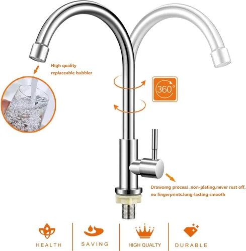 Vista 4 de Solo grifo de agua fría, níquel cepillado, acero inoxidable de un solo mango, grifos de un solo agujero, grifo de fregadero de agua fría de arco