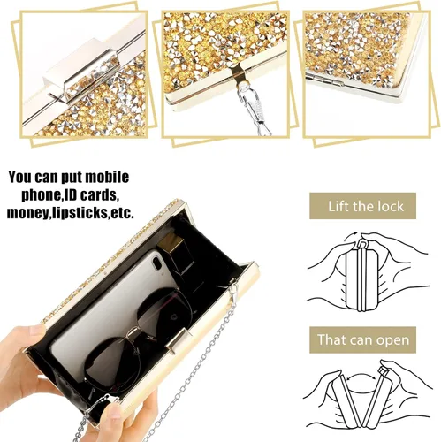 Vista 2 de Kigeli 4 piezas de diamantes de imitación para mujer, bolsa de embrague de noche, collar y pulsera para boda formal