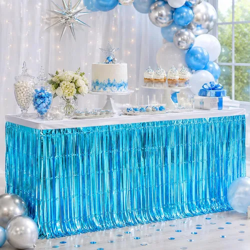Vista 11 de Faldas de mesa de oropel de papel metálico con flecos para mesas rectangulares, cortinas de serpentina, telón de fondo para cumpleaños, boda