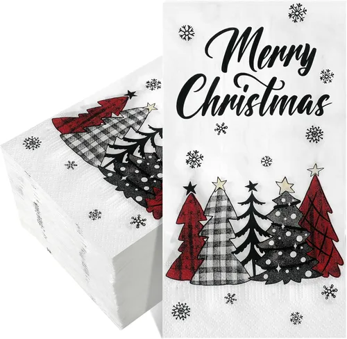 Vista 8 de Cholemy 200 servilletas de papel desechables de papel de 2 capas, diseño de bola de árbol de Navidad, diseño de Papá Noel negro, para cocina y baño