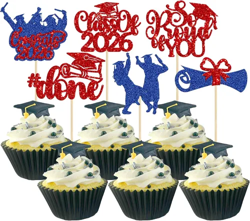 Vista 44 de Gyufise 24 piezas de decoración para cupcakes con purpurina para graduación 2026, decoración de pasteles para graduación 2026, decoración de Negro