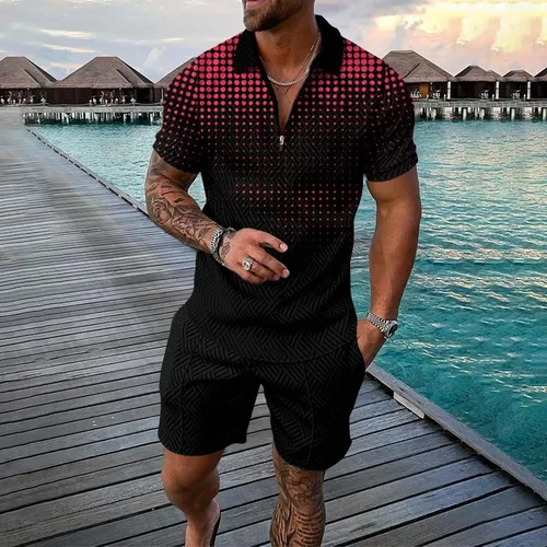 Vista 2 de Conjunto corto de 2 piezas para hombre, camiseta de manga corta y pantalones cortos, conjunto deportivo elegante y casual para hombre